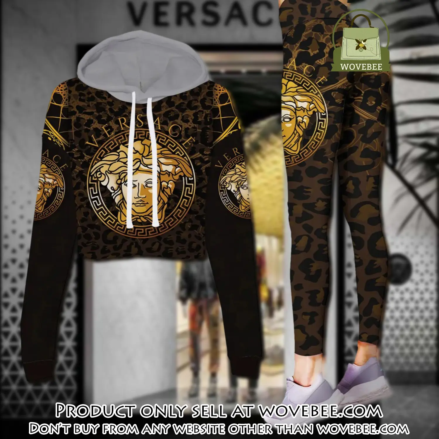 Versace medusa brown leopard pattern luxury brand clothes leggings and crop top set for women wvb5900804